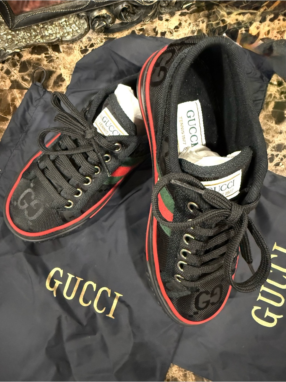 Gucci Off The Grid Tennis 1977 Black ECONYL Sneakers NIB Web Stripe 34.5 Wm/Kids - Picture 2 of 10